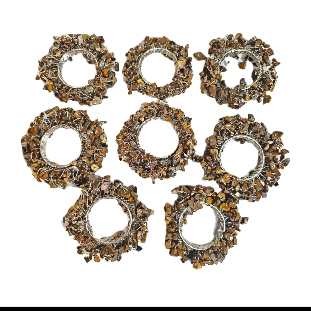 8 Pottery Barn Brown Beaded Cluster Tiger Eye Stone Wire Napkin Rings